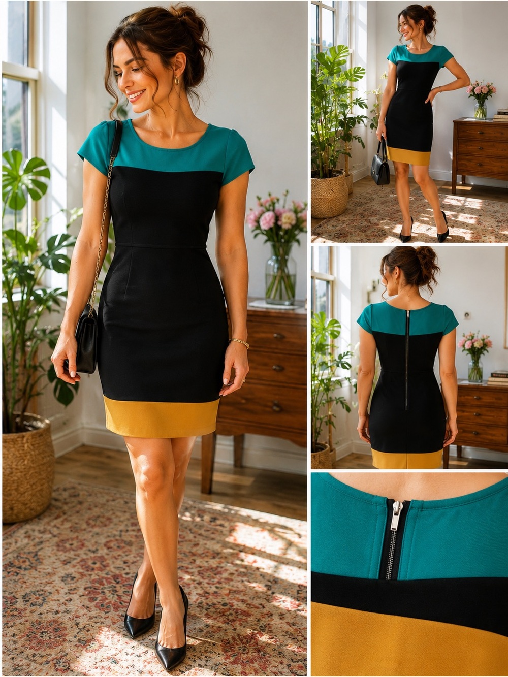 BCBGMAXAZRIA Colorblock Bodycon Dress Teal Black Mustard Size Small
